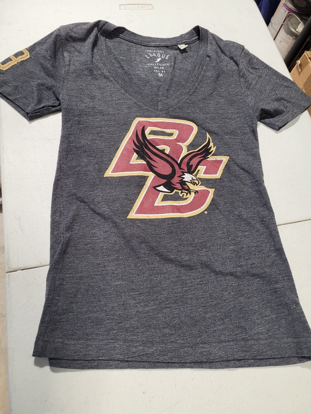 League Women's Heather Gray V-Neck Tee with Maroon and Gold BC Eagle Logo